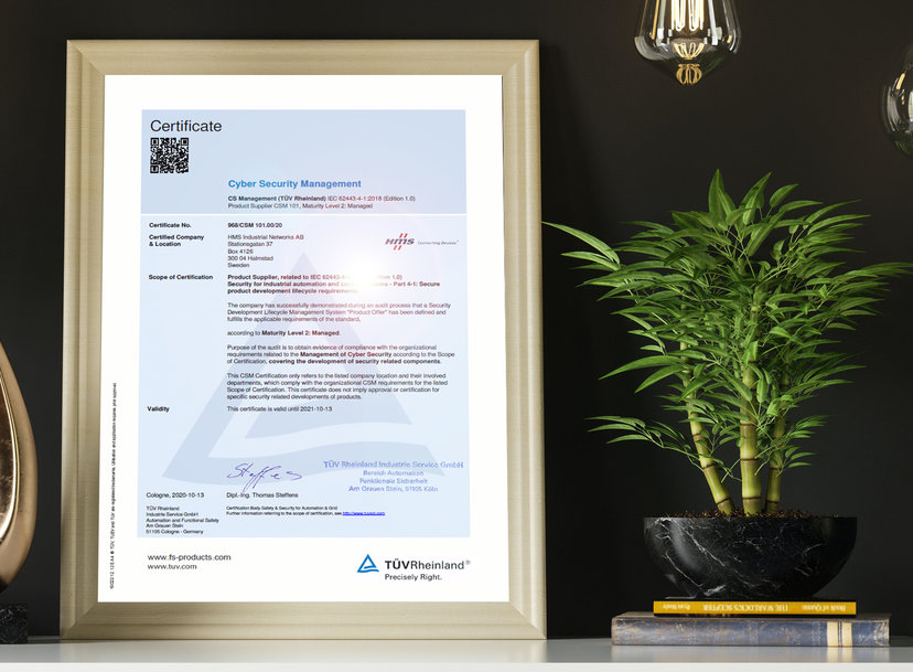 HMS Networks becomes IEC 62443-4-1-certified for secure product development lifecycle Mạng HMS được chứng nhận IEC 62443-4-1 cho vòng đời phát triển sản phẩm an toàn Kể từ tháng 10 năm 2020, HMS Networks được chứng nhận theo tiêu chuẩn IEC62443-4-1: 20